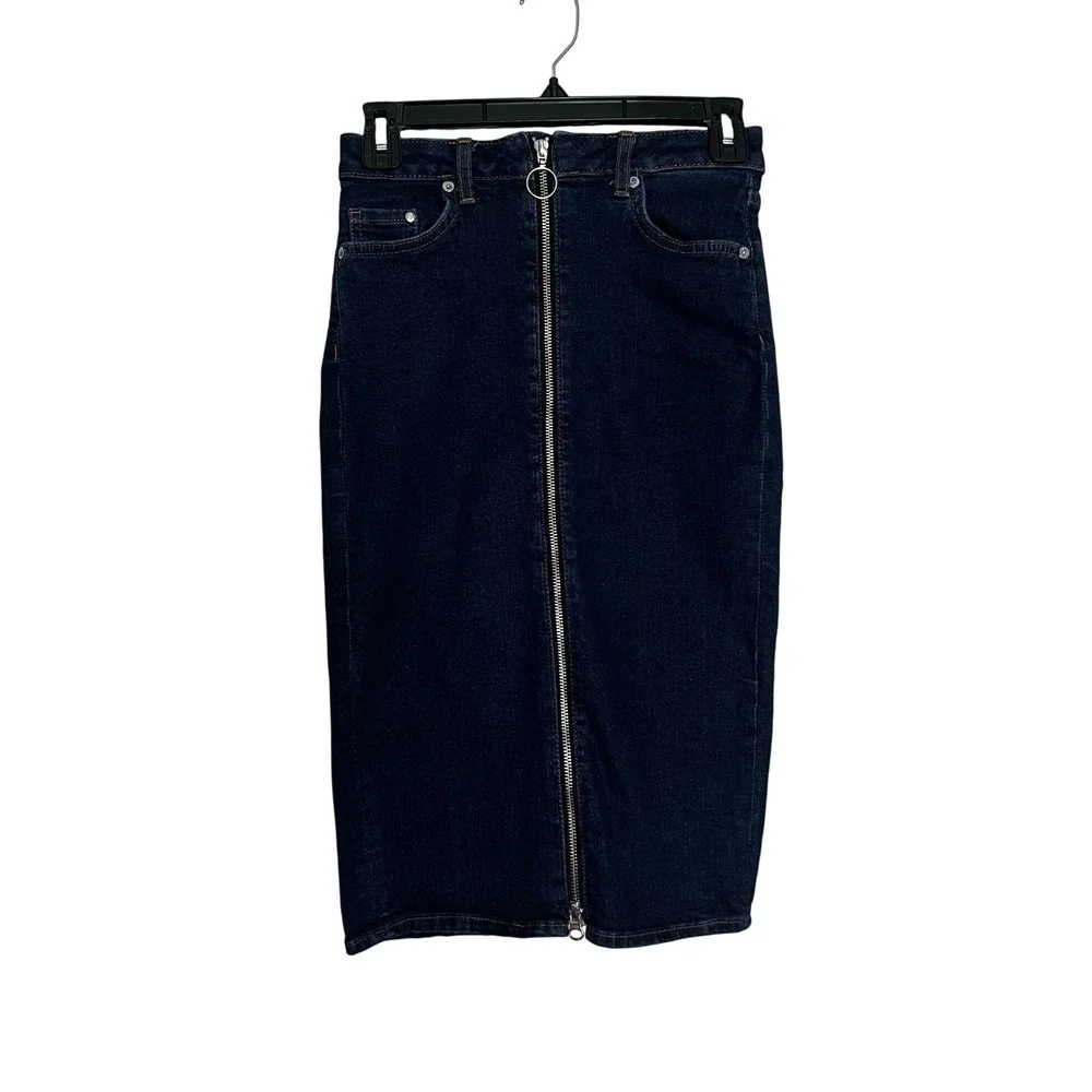 H&M &Denim Dark Wash Front Zip Pencil Skirt Blue High Waist Size 2